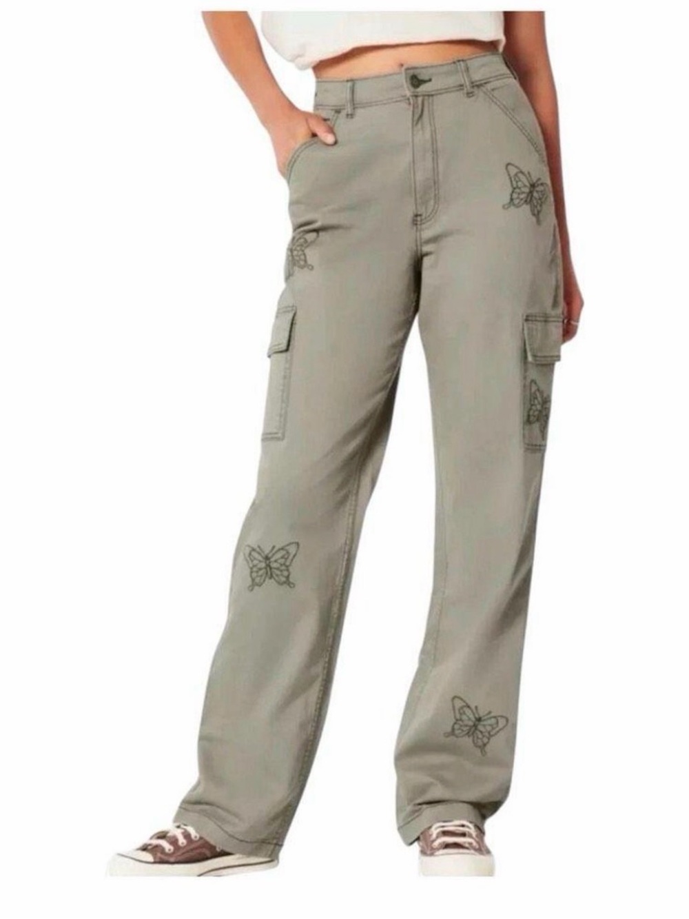 Hollister Olive Green Straight Leg Cargo Pants with Butterfly Embroidery